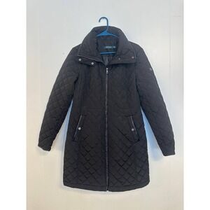 Lauren Ralph Lauren Quilted Black Faux Leather Trim Coat Midi Size Medium READ